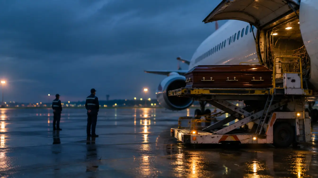 Sarg wird zur blauen Stunde in den Frachtraum eines Flugzeugs verladen